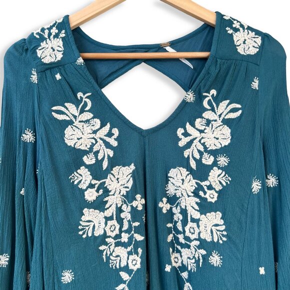 Free People | Sweet Tennessee Babydoll Long Sleeve Embroidered Dress in Teal | S - Picture 4 of 15